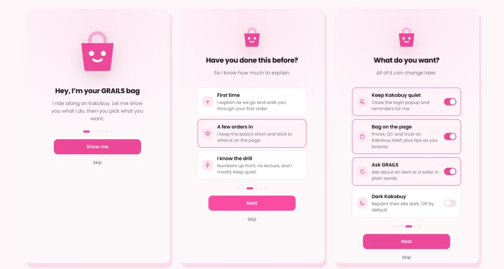 The three setup cards: welcome, how much experience you have, and what you want turned on
