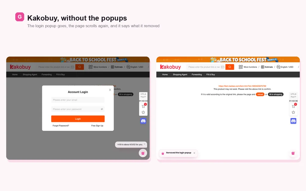 A Kakobuy listing with the login popup covering it, and the same listing with the popup removed