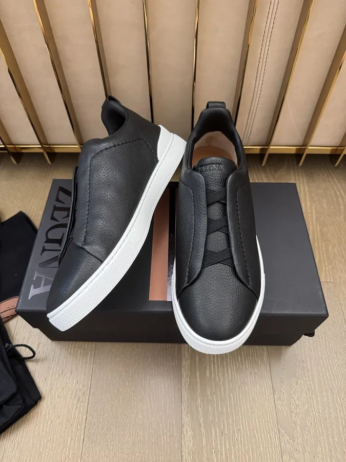 Zegna Leather Slip-On Sneakers Jet Black