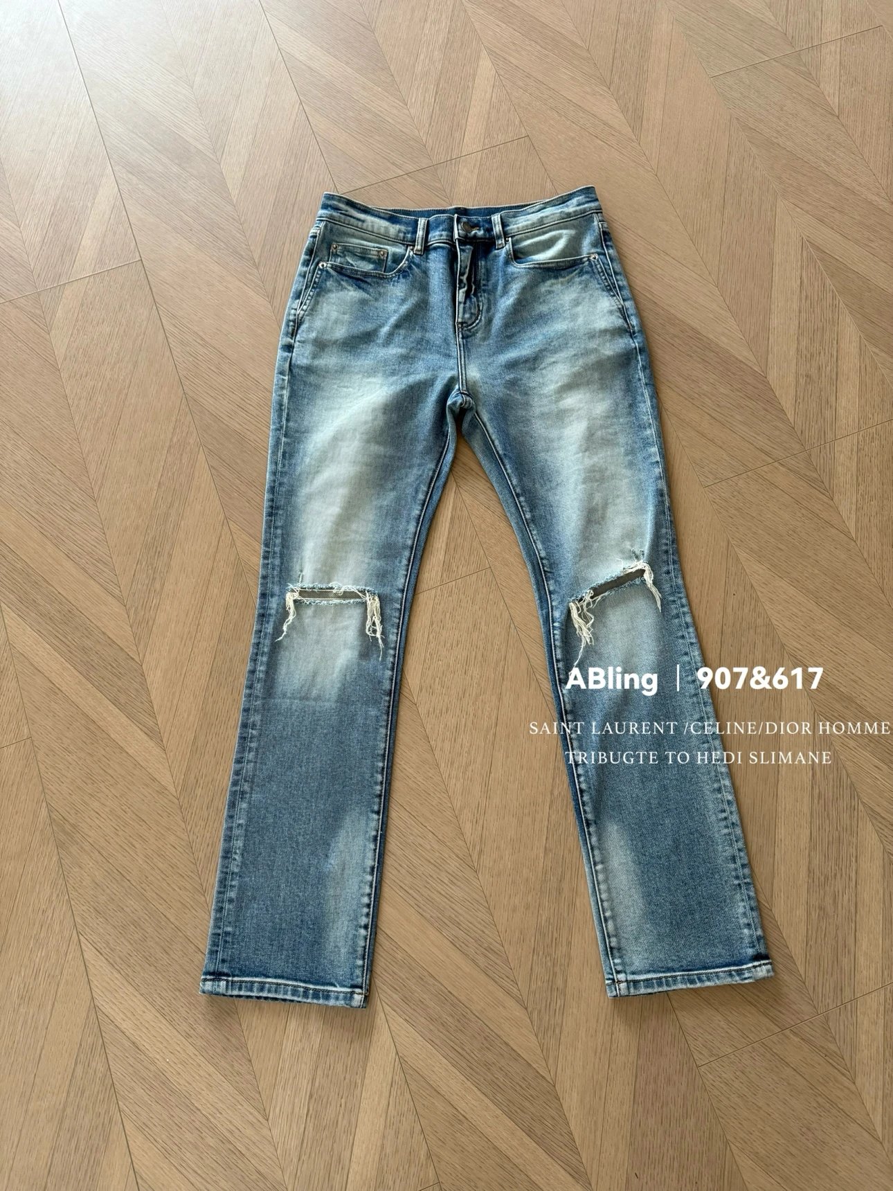 Saint Laurent Style Blue Double-Knee Distressed Jeans