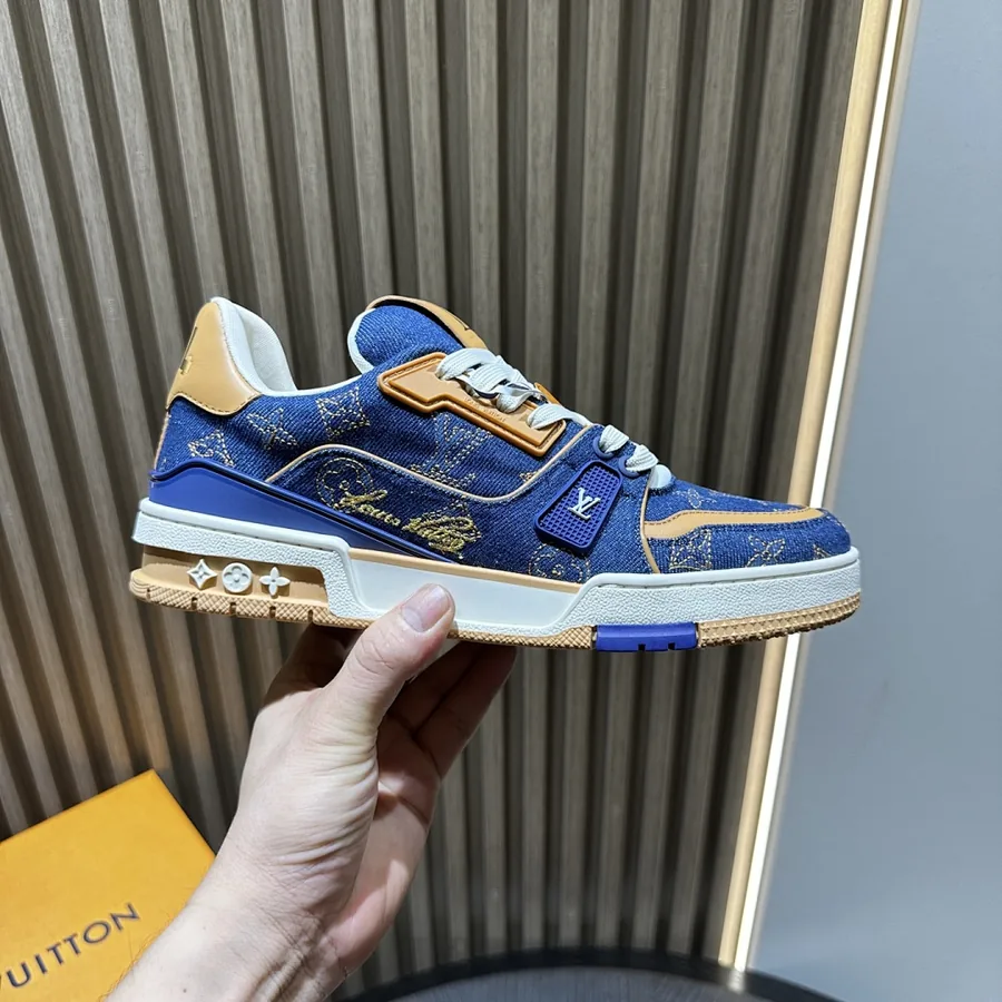 LV Trainer Sneaker Blue Monogram Tan Trim
