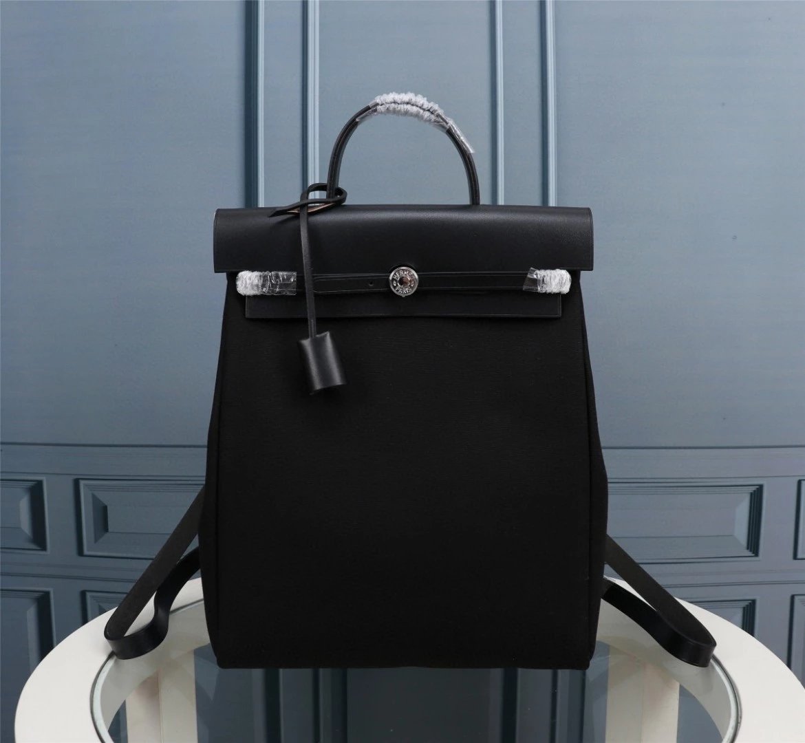 Hermes Herbag a Dos Leather and Canvas Backpack