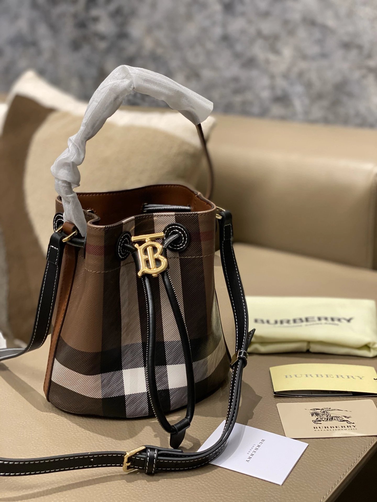 Burberry Mini Check Drawstring Bucket Bag