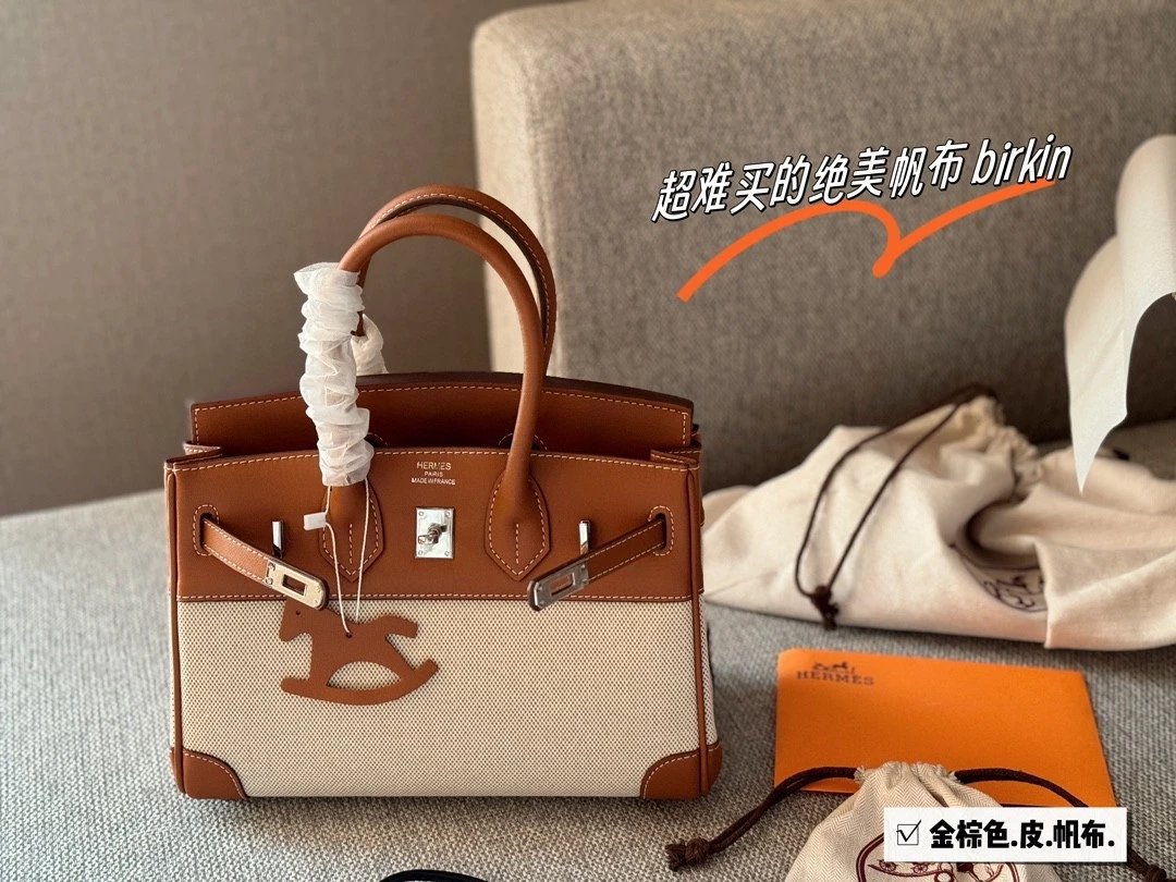 Hermes Birkin 25 Canvas and Leather Bag