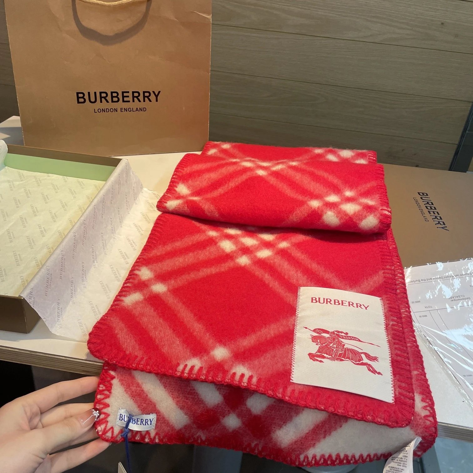 Burberry Red Logo Cashmere Scarf