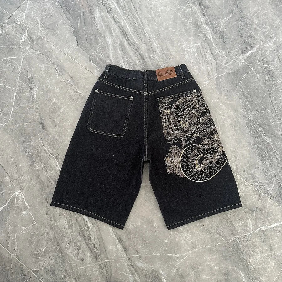 Dragon Embroidered Black Denim Shorts