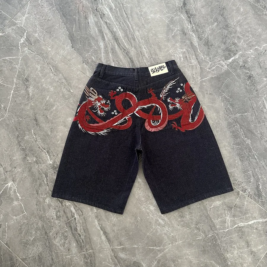 Red Dragon Embroidered Denim Shorts