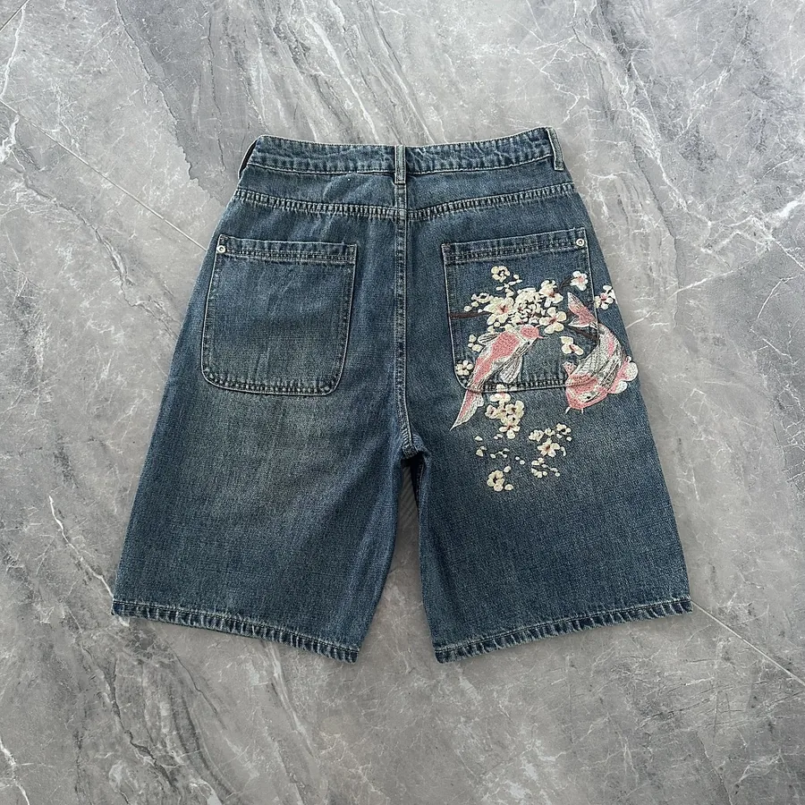 Koi Fish Embroidered Denim Shorts