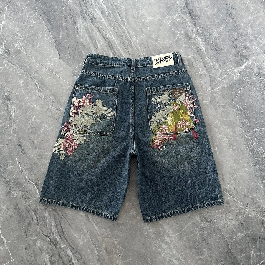 Floral Crane Embroidered Denim Shorts