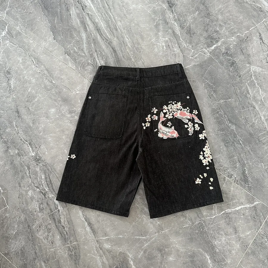 Koi Fish Embroidered Black Denim Shorts