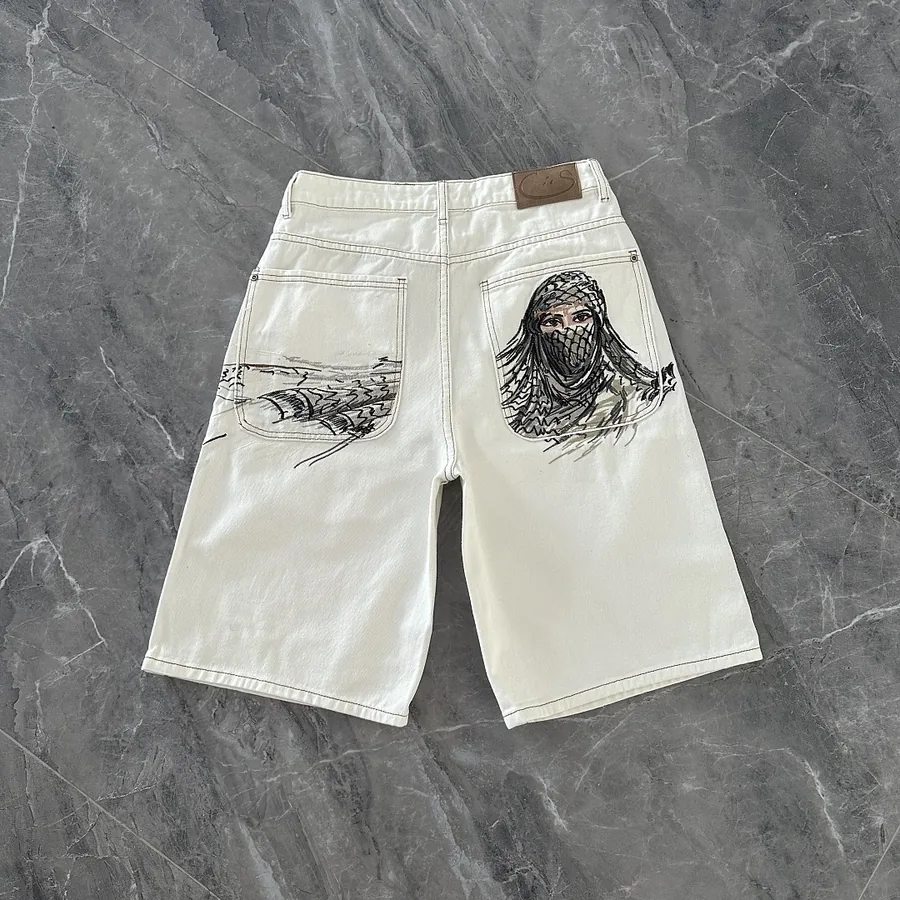 Embroidered Portrait Denim Shorts Cream