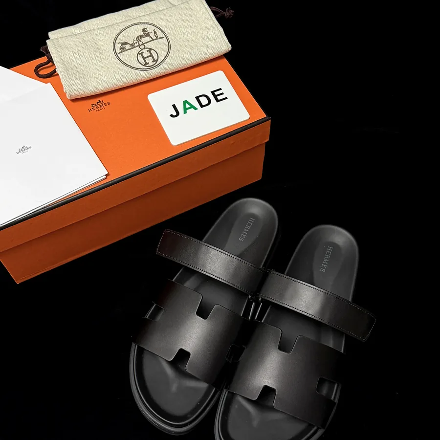 Hermes Oran Leather Sandals Black