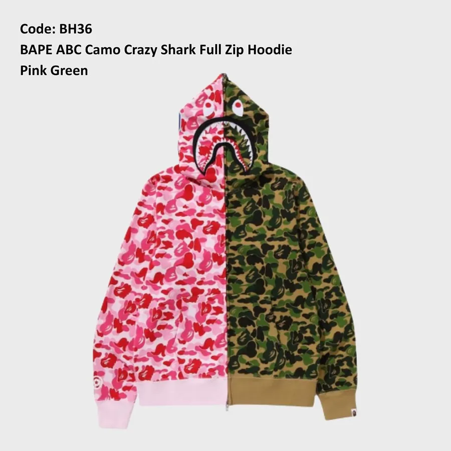BAPE ABC Camo Crazy Shark Full Zip Hoodie in Pink and Green
