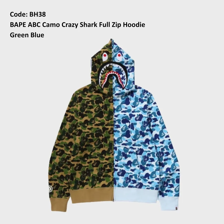 BAPE ABC Camo Crazy Shark Full Zip Hoodie in Green and Blue