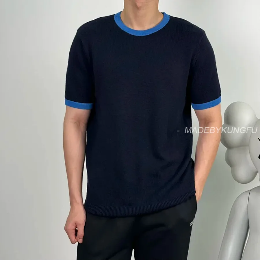 P259 Item ID 9072 PRA round neck contrasting short sleeved cashmere sweater with slim fit and large