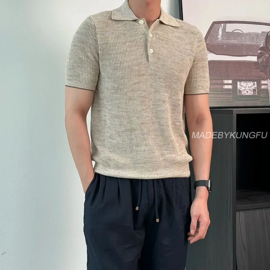 P499 Item ID 9076 BC Natural Beimu Button Ribbed Knitted Collar Cotton Top Polo Shirt