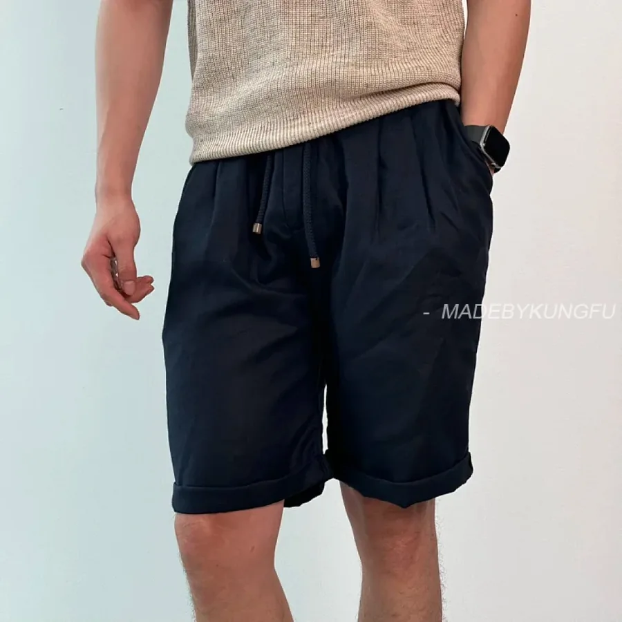 P459 Item ID 9079 BC natural linen rolled edge shorts with double pleat design, drawstring, elastic