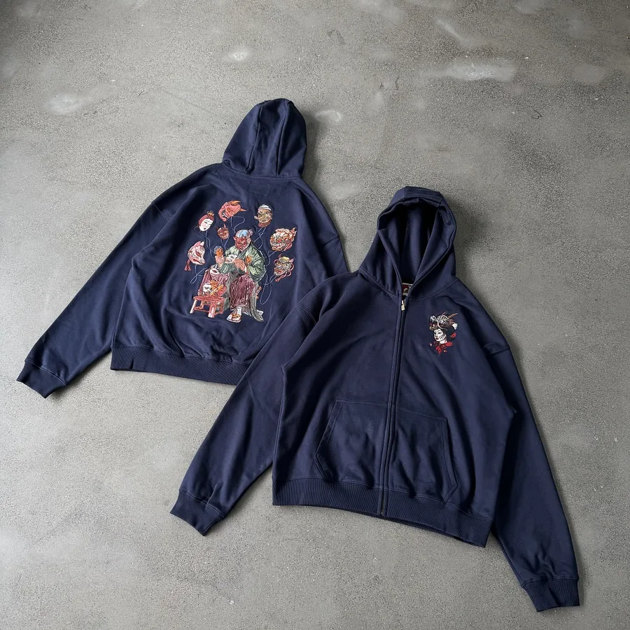 Embroidered Graphic Zip Hoodie in Navy