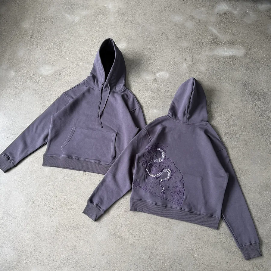 Snake Embroidered Hoodie in Purple Grey