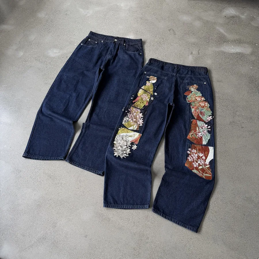 Floral Embroidered Baggy Jeans in Dark Wash
