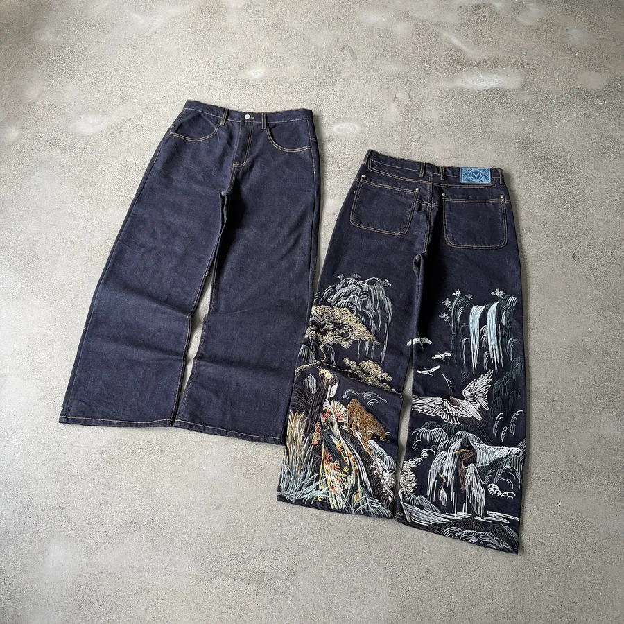 Landscape Embroidered Baggy Jeans in Dark Wash