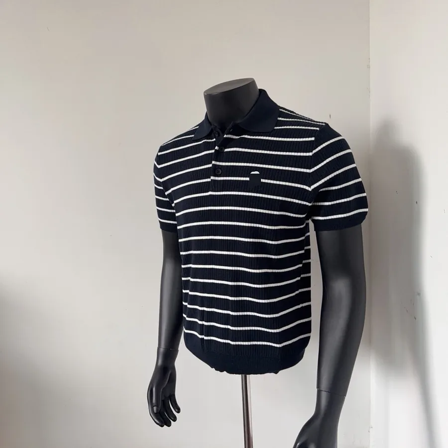 Three Button Striped Knit Polo Shirt