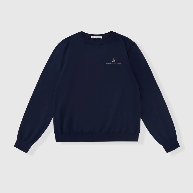 Brunello Cucinelli Style Sailboat Embroidered Long Sleeve Tee