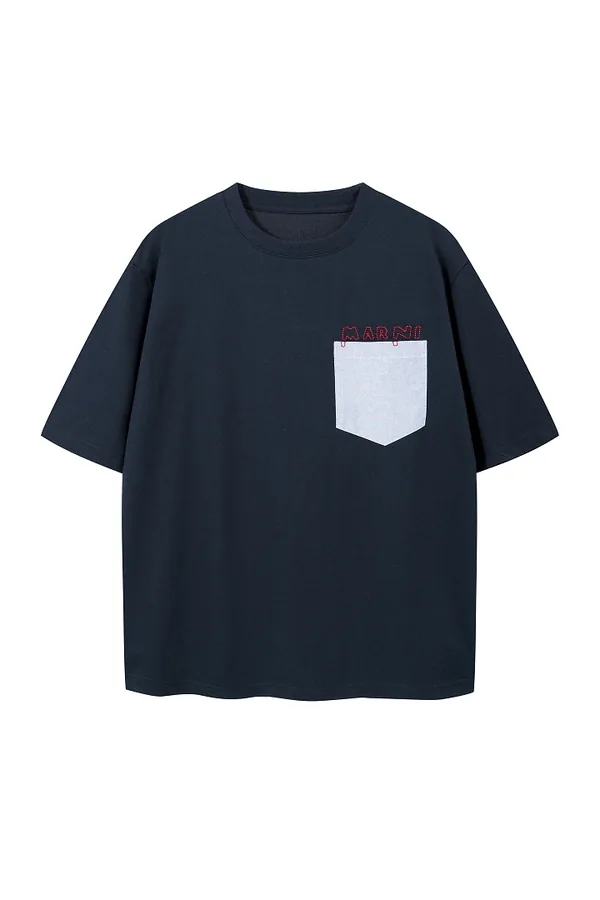 Marni Style Colorblock Pocket Cutout Logo Tee in Navy