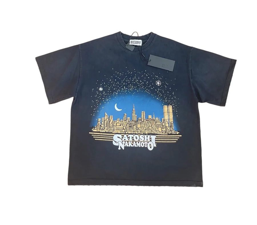 Satoshi Nakamoto New York Skyline Tee in Washed Black
