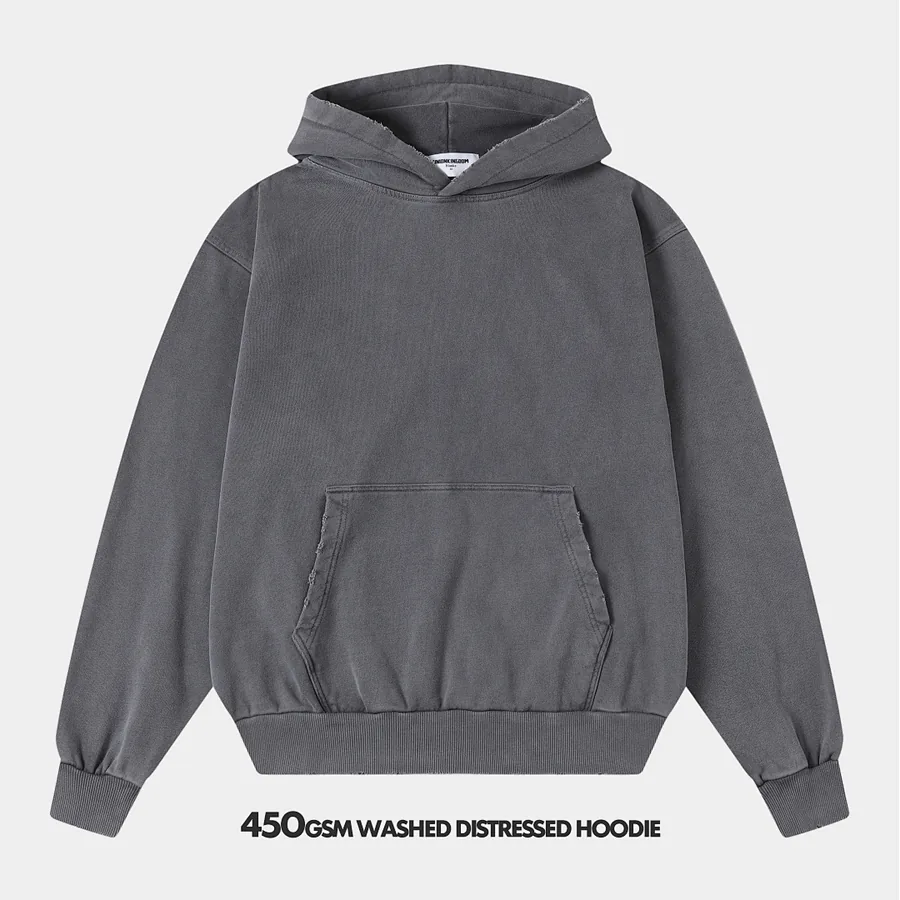 450gsm Union Kingdom Distressed Washed Gray 100% Cotton Loose Fit Hoodie