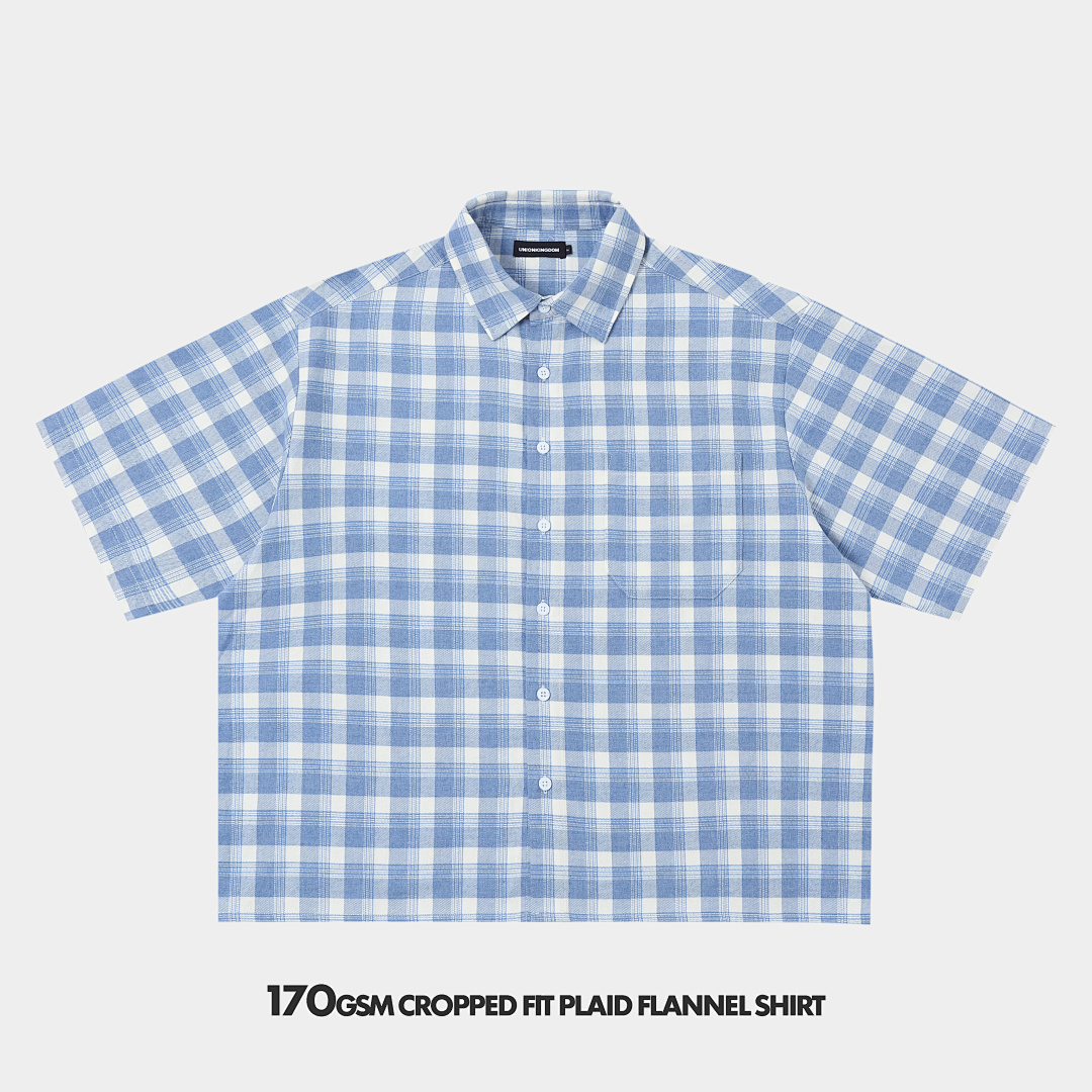 170gsm Union Kingdom 100% Cotton Boxy Cropped Fit Plaid Flannel Short-sleeved Shirt
