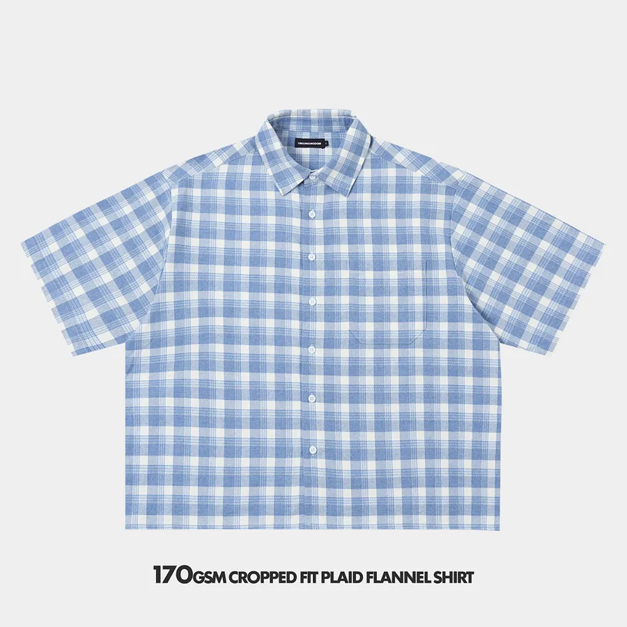 170gsm Union Kingdom 100% Cotton Boxy Cropped Fit Plaid Flannel Short-sleeved Shirt