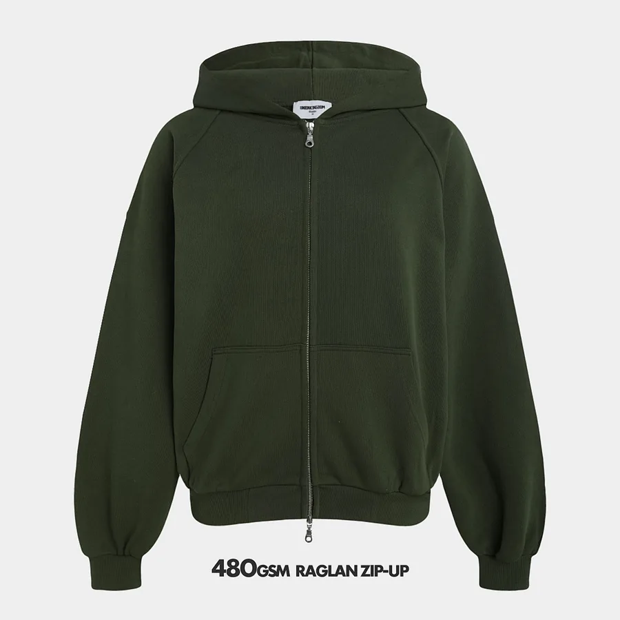480gsm Union Kingdom 100% Cotton French Terry Raglan Boxy Cropped Fit Zip-up